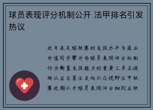 球员表现评分机制公开 法甲排名引发热议