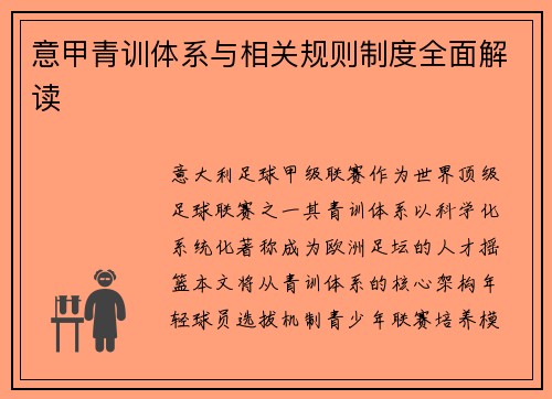 意甲青训体系与相关规则制度全面解读