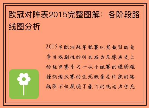 欧冠对阵表2015完整图解：各阶段路线图分析