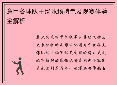 意甲各球队主场球场特色及观赛体验全解析
